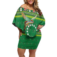 Meri Kiritimiti Cook Islands Christmas Family Matching Off Shoulder Short Dress and Hawaiian Shirt Maroro Flying Fish and White Stars LT9 Mom's Dress Green - Polynesian Pride