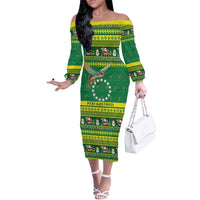 Meri Kiritimiti Cook Islands Christmas Off The Shoulder Long Sleeve Dress Maroro Flying Fish and White Stars LT9 Women Green - Polynesian Pride