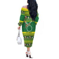 Meri Kiritimiti Cook Islands Christmas Off The Shoulder Long Sleeve Dress Maroro Flying Fish and White Stars LT9 - Polynesian Pride