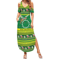 Meri Kiritimiti Cook Islands Christmas Summer Maxi Dress Maroro Flying Fish and White Stars LT9 Women Green - Polynesian Pride