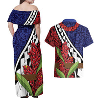 Samoan Ula Fala Flowers Couples Matching Off Shoulder Maxi Dress and Hawaiian Shirt Christmas Santa Belt