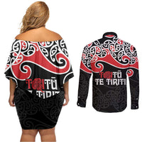 Aotearoa Toitu Te Tiriti Couples Matching Off Shoulder Short Dress and Long Sleeve Button Shirt New Zealand Stand Together Stand Stronger