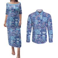 Federated States of Micronesia Merry Christmas Couples Matching Puletasi and Long Sleeve Button Shirt Pacific Patchwork Xmas Vibes - Polynesian Pride