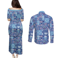 Federated States of Micronesia Merry Christmas Couples Matching Puletasi and Long Sleeve Button Shirt Pacific Patchwork Xmas Vibes - Polynesian Pride