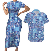 Federated States of Micronesia Merry Christmas Couples Matching Short Sleeve Bodycon Dress and Hawaiian Shirt Pacific Patchwork Xmas Vibes LT9 Blue - Polynesian Pride