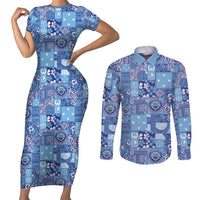 Federated States of Micronesia Merry Christmas Couples Matching Short Sleeve Bodycon Dress and Long Sleeve Button Shirt Pacific Patchwork Xmas Vibes LT9 Blue - Polynesian Pride