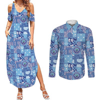 Federated States of Micronesia Merry Christmas Couples Matching Summer Maxi Dress and Long Sleeve Button Shirt Pacific Patchwork Xmas Vibes LT9 Blue - Polynesian Pride