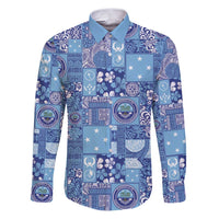 Federated States of Micronesia Merry Christmas Family Matching Puletasi and Hawaiian Shirt Pacific Patchwork Xmas Vibes LT9 Dad's Shirt - Long Sleeve Blue - Polynesian Pride