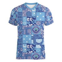 Federated States of Micronesia Merry Christmas Women V-Neck T-Shirt Pacific Patchwork Xmas Vibes LT9 Female Blue - Polynesian Pride