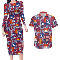 Kiribati Tekeraoi n te Kiritimati Couples Matching Long Sleeve Bodycon Dress and Hawaiian Shirt Pacific Patchwork Xmas Vibes LT9 Red - Polynesian Pride
