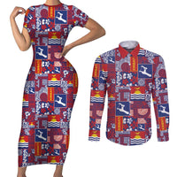 Kiribati Tekeraoi n te Kiritimati Couples Matching Short Sleeve Bodycon Dress and Long Sleeve Button Shirt Pacific Patchwork Xmas Vibes LT9 Red - Polynesian Pride