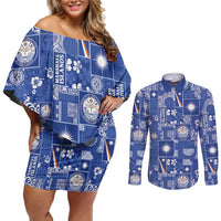 Marshall Islands Merry Christmas Couples Matching Off Shoulder Short Dress and Long Sleeve Button Shirt Pacific Patchwork Xmas Vibes - Polynesian Pride