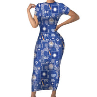 Marshall Islands Merry Christmas Family Matching Short Sleeve Bodycon Dress and Hawaiian Shirt Pacific Patchwork Xmas Vibes LT9 Mom's Dress Blue - Polynesian Pride