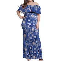 Marshall Islands Merry Christmas Off Shoulder Maxi Dress Pacific Patchwork Xmas Vibes LT9 Women Blue - Polynesian Pride