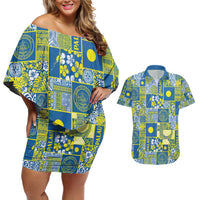 Palau Ungil Kurismas Couples Matching Off Shoulder Short Dress and Hawaiian Shirt Pacific Patchwork Xmas Vibes - Polynesian Pride
