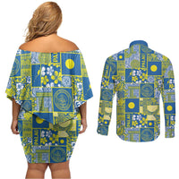 Palau Ungil Kurismas Couples Matching Off Shoulder Short Dress and Long Sleeve Button Shirt Pacific Patchwork Xmas Vibes - Polynesian Pride