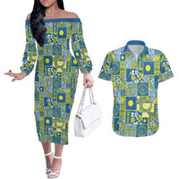 Palau Ungil Kurismas Couples Matching Off The Shoulder Long Sleeve Dress and Hawaiian Shirt Pacific Patchwork Xmas Vibes LT9 Green - Polynesian Pride