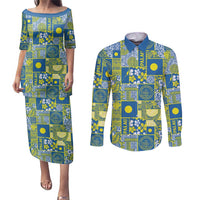 Palau Ungil Kurismas Couples Matching Puletasi and Long Sleeve Button Shirt Pacific Patchwork Xmas Vibes - Polynesian Pride
