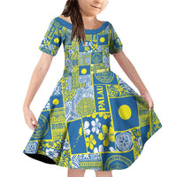 Palau Ungil Kurismas Family Matching Off Shoulder Short Dress and Hawaiian Shirt Pacific Patchwork Xmas Vibes LT9 Daughter's Dress Green - Polynesian Pride