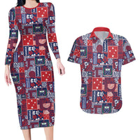 Red Samoa Manuia Le Kerisimasi Couples Matching Long Sleeve Bodycon Dress and Hawaiian Shirt Pacific Patchwork Xmas Vibes LT9 Red - Polynesian Pride