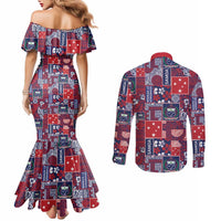 Red Samoa Manuia Le Kerisimasi Couples Matching Mermaid Dress and Long Sleeve Button Shirt Pacific Patchwork Xmas Vibes - Polynesian Pride