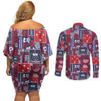 Red Samoa Manuia Le Kerisimasi Couples Matching Off Shoulder Short Dress and Long Sleeve Button Shirt Pacific Patchwork Xmas Vibes - Polynesian Pride