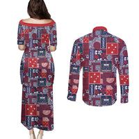 Red Samoa Manuia Le Kerisimasi Couples Matching Puletasi and Long Sleeve Button Shirt Pacific Patchwork Xmas Vibes - Polynesian Pride