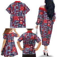 Red Samoa Manuia Le Kerisimasi Family Matching Off The Shoulder Long Sleeve Dress and Hawaiian Shirt Pacific Patchwork Xmas Vibes - Polynesian Pride