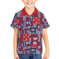 Red Samoa Manuia Le Kerisimasi Family Matching Off The Shoulder Long Sleeve Dress and Hawaiian Shirt Pacific Patchwork Xmas Vibes LT9 Son's Shirt Red - Polynesian Pride