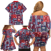 Red Samoa Manuia Le Kerisimasi Family Matching Off Shoulder Short Dress and Hawaiian Shirt Pacific Patchwork Xmas Vibes LT9 - Polynesian Pride