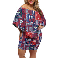 Red Samoa Manuia Le Kerisimasi Family Matching Off Shoulder Short Dress and Hawaiian Shirt Pacific Patchwork Xmas Vibes - Polynesian Pride