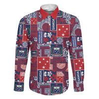 Red Samoa Manuia Le Kerisimasi Family Matching Short Sleeve Bodycon Dress and Hawaiian Shirt Pacific Patchwork Xmas Vibes LT9 Dad's Shirt - Long Sleeve Red - Polynesian Pride