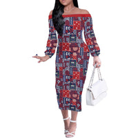 Red Samoa Manuia Le Kerisimasi Off The Shoulder Long Sleeve Dress Pacific Patchwork Xmas Vibes - Polynesian Pride