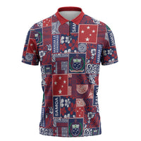 Red Samoa Manuia Le Kerisimasi Zipper Polo Shirt Pacific Patchwork Xmas Vibes - Polynesian Pride