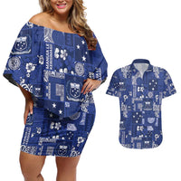 Blue Samoa Manuia Le Kerisimasi Couples Matching Off Shoulder Short Dress and Hawaiian Shirt Pacific Patchwork Xmas Vibes - Polynesian Pride