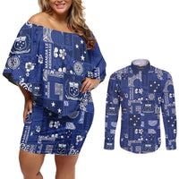 Blue Samoa Manuia Le Kerisimasi Couples Matching Off Shoulder Short Dress and Long Sleeve Button Shirt Pacific Patchwork Xmas Vibes - Polynesian Pride