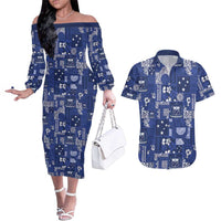 Blue Samoa Manuia Le Kerisimasi Couples Matching Off The Shoulder Long Sleeve Dress and Hawaiian Shirt Pacific Patchwork Xmas Vibes LT9 Blue - Polynesian Pride