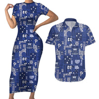 Blue Samoa Manuia Le Kerisimasi Couples Matching Short Sleeve Bodycon Dress and Hawaiian Shirt Pacific Patchwork Xmas Vibes LT9 Blue - Polynesian Pride