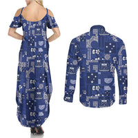 Blue Samoa Manuia Le Kerisimasi Couples Matching Summer Maxi Dress and Long Sleeve Button Shirt Pacific Patchwork Xmas Vibes - Polynesian Pride