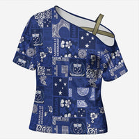 Blue Samoa Manuia Le Kerisimasi Cross Shoulder Shirt Pacific Patchwork Xmas Vibes - Polynesian Pride
