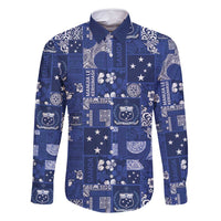 Blue Samoa Manuia Le Kerisimasi Family Matching Off Shoulder Maxi Dress and Hawaiian Shirt Pacific Patchwork Xmas Vibes LT9 Dad's Shirt - Long Sleeve Blue - Polynesian Pride
