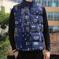 Blue Samoa Manuia Le Kerisimasi Sleeveless Puffer Jacket Pacific Patchwork Xmas Vibes - Polynesian Pride