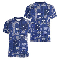 Blue Samoa Manuia Le Kerisimasi Women V-Neck T-Shirt Pacific Patchwork Xmas Vibes - Polynesian Pride