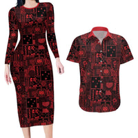 Dark Samoa Manuia Le Kerisimasi Couples Matching Long Sleeve Bodycon Dress and Hawaiian Shirt Pacific Patchwork Xmas Vibes LT9 Red - Polynesian Pride