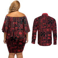 Dark Samoa Manuia Le Kerisimasi Couples Matching Off Shoulder Short Dress and Long Sleeve Button Shirt Pacific Patchwork Xmas Vibes - Polynesian Pride