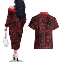 Dark Samoa Manuia Le Kerisimasi Couples Matching Off The Shoulder Long Sleeve Dress and Hawaiian Shirt Pacific Patchwork Xmas Vibes - Polynesian Pride