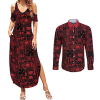Dark Samoa Manuia Le Kerisimasi Couples Matching Summer Maxi Dress and Long Sleeve Button Shirt Pacific Patchwork Xmas Vibes - Polynesian Pride