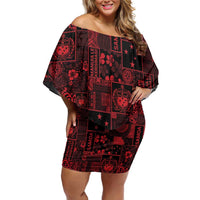 Dark Samoa Manuia Le Kerisimasi Family Matching Off Shoulder Short Dress and Hawaiian Shirt Pacific Patchwork Xmas Vibes - Polynesian Pride
