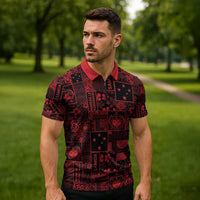 Dark Samoa Manuia Le Kerisimasi Zipper Polo Shirt Pacific Patchwork Xmas Vibes - Polynesian Pride