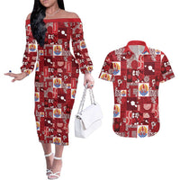 Tahiti Oaoa I Teie Noera Couples Matching Off The Shoulder Long Sleeve Dress and Hawaiian Shirt Pacific Patchwork Xmas Vibes LT9 Red - Polynesian Pride